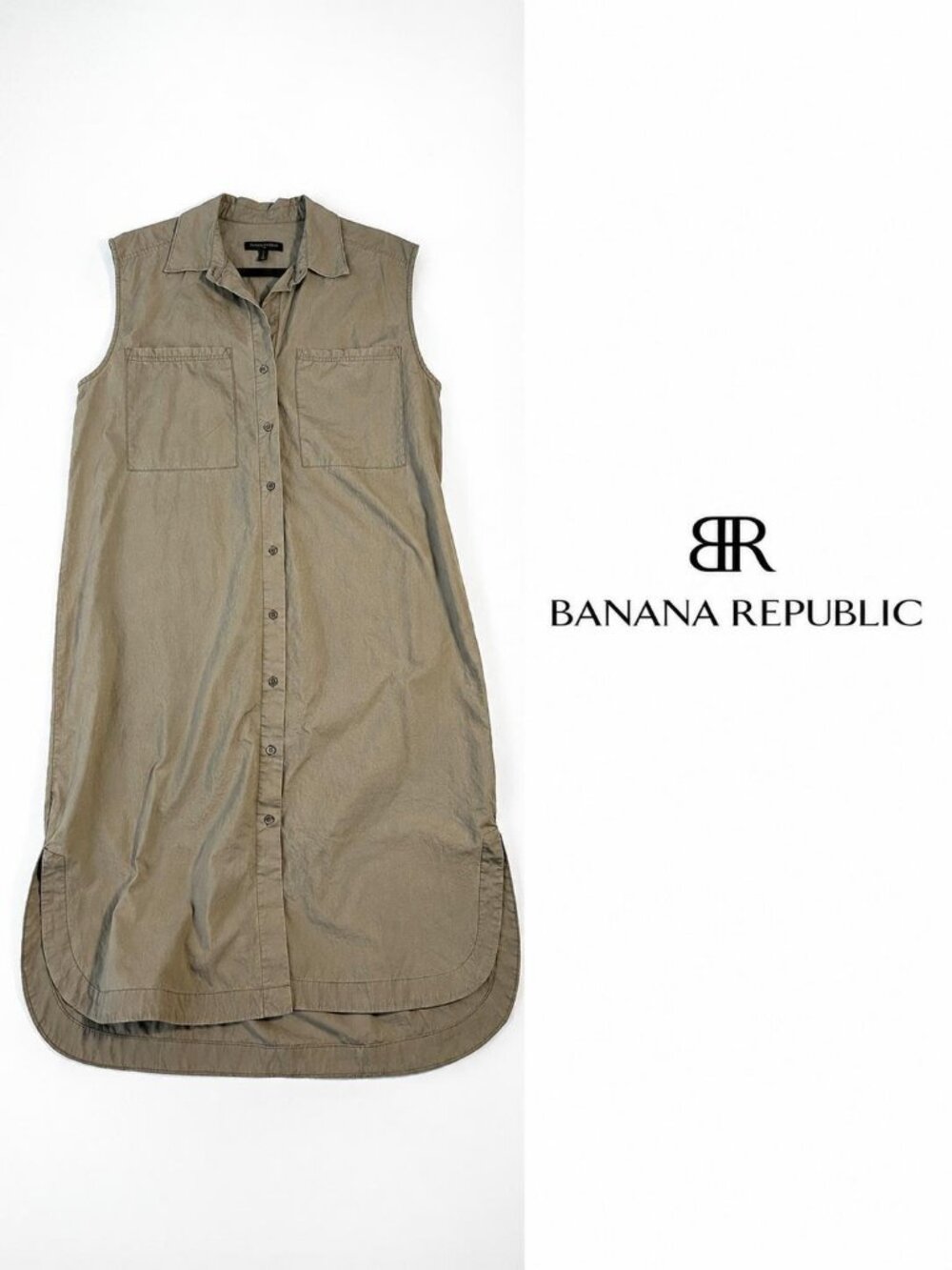 Banana Republic Taupe Sleeveless Shirt Dress Utility Button Front Size Large